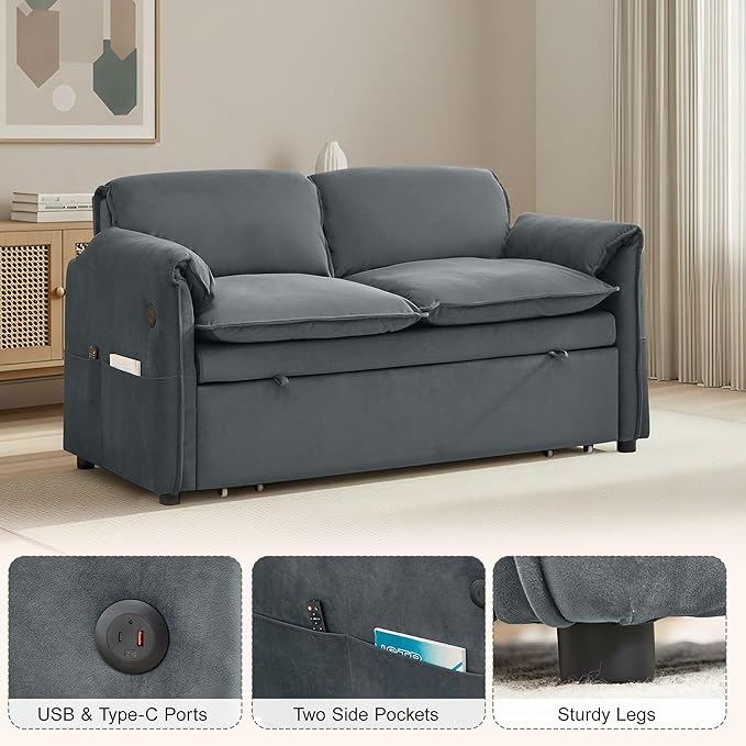 63 Velvet 3 in 1 Convertible Sleeper Sofa Bed Pull Out Couch Bed Loveseat with Adjustable Backrest Chaise Lounge USB Port &amp Side Pocket Modern Sofa for Living Room Small Spaces Gray
