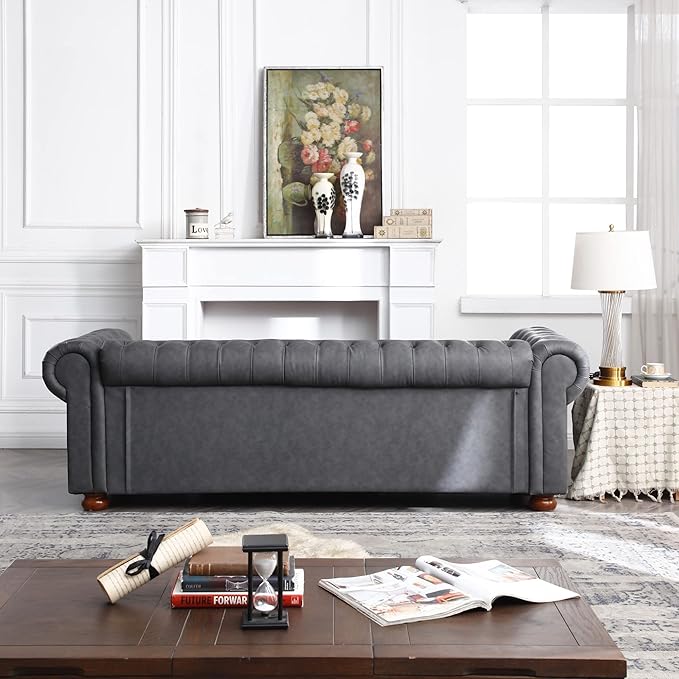 Harper &amp Bright Designs Faux Leather Upholstered 3-Seater Living Room Sofa with Button and Copper Nail on Arms Classic Chesterfield Sofa Dark Grey