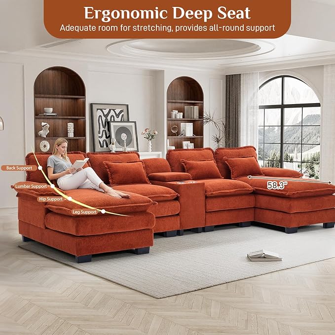 133 Oversized U Shaped Cloud Couch Modular Sectional Couches for Living Room Comfy Chenille Deep Seat Sofa Set with Double Chaise Lounge Storage Central Console Cup Holders USB Port Orange