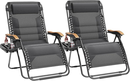 PHI VILLA XXL Oversized Padded Zero Gravity Chair Set of 2 Foldable Patio Recliner 30 Wide Seat Anti Gravity Lounger with Armrest and Cup Holder Support 400 LBS (Light Gray)
