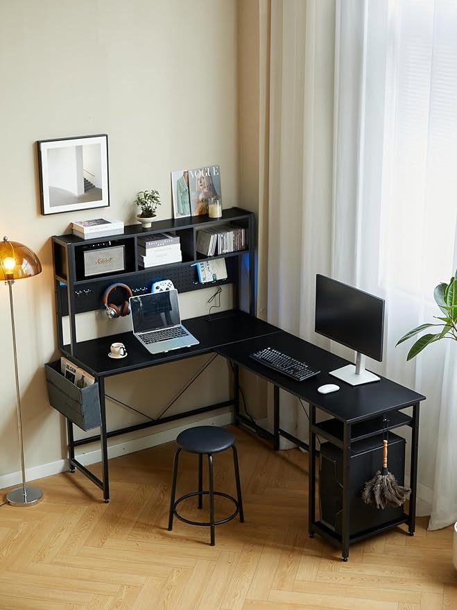 94.5 Inch Home Office Desk L Shape Gaming Desk with LED Storage Shelves Metal Pannel and Stool (Black)