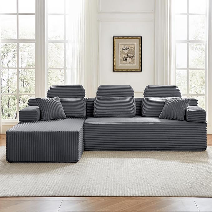 104 L-Shaped Cloud Modular Sectional Sofa with Chaise &amp Headrest Boneless Deep Seat Plush Corduroy Couches for Large Living Room No Assembly Required (Dark Gray 104 L-shapred Chaise)