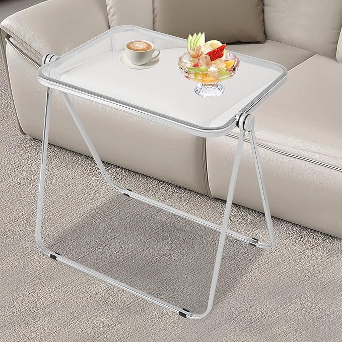 Folding TV Tray Table Acrylic Foldable Desk No Assembly Required Mini Folding Desk for Home Office Living Room Bed Room Outdoor (Silver + Clear)