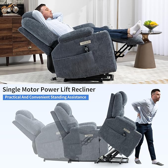 Chenille Electric Power Lift Recliner Chair Massage Single Sofa with Vibration Massage and Lumbar Heating Ergonomic Lounge Couch with Cup Holders and USB Charge Port for Living Room (Blue)