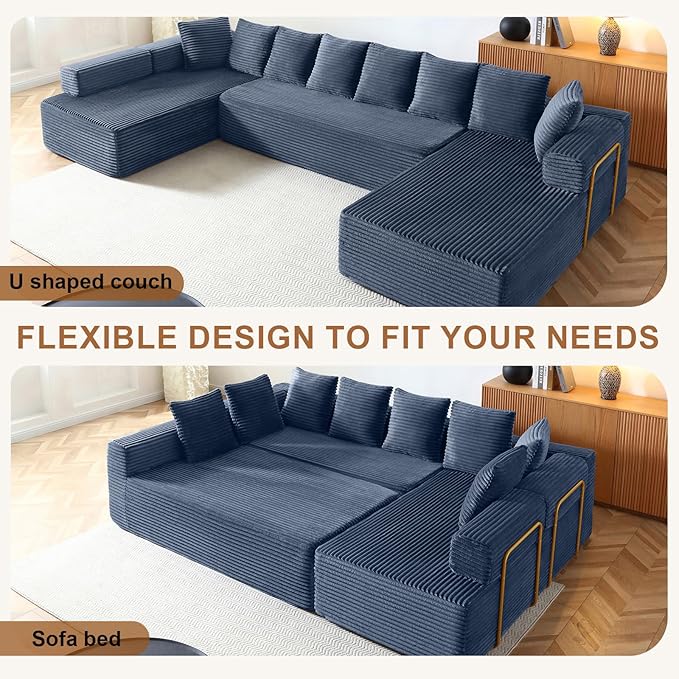 145 Modular Sectional Sofa Oversized U-Shaped Deep Seat Corduroy Cloud Couch with Fixed-Shape Frame Sleeper Sofa Couch Boneless Couches for Living Room No Assembly RequiredSofa in A BoxBlue