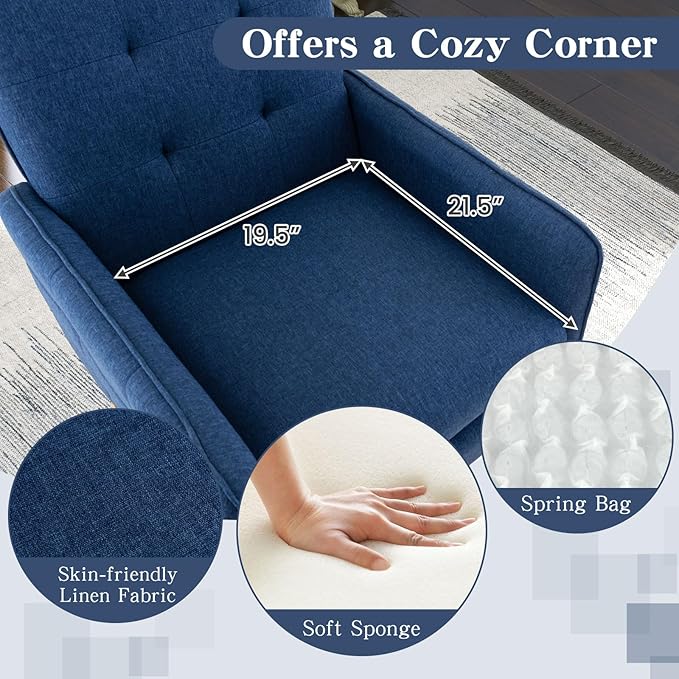 GOFLAME Modern Accent Chair Set of 2 Upholstered Leisure Armchair with Metal Legs Removable Seat Cushion Adjustable Foot Pads Linen Fabric Single Sofa Chair for Living Room Bedroom Office Blue