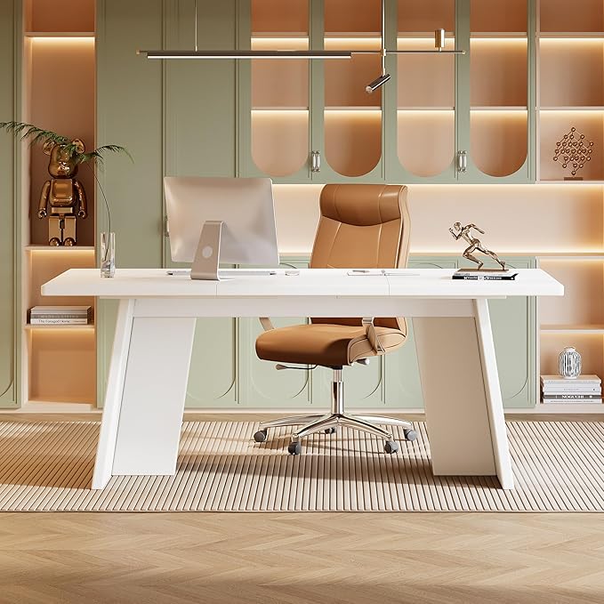 Tribesigns White Executive Desk 63 Large Office Computer Conference Meeting Table with Wooden Robust Pedestal Simple Modern Workstation Business Furniture for Home Office