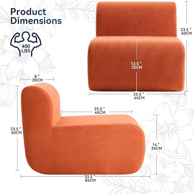 Boneless Sofa 26'' Single Sofa 1 Seater Cloud Floor Couch Corduroy No Assembly Needed Modern Compression Armless Couch in A Box Erogonomic for Living RoomBedroomOffice Orange