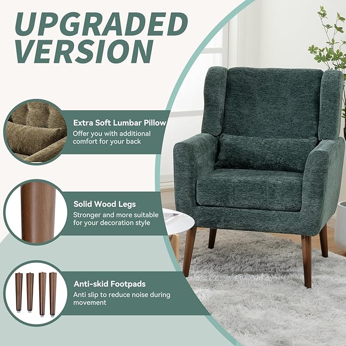 Modern Accent Chair Upholstered Armchair with Pillow Fabric Single Sofa Chair with Lounge Seat and Wood Legs Accent Chair for Living Room Bedroom Small Spaces (Blackish Green)