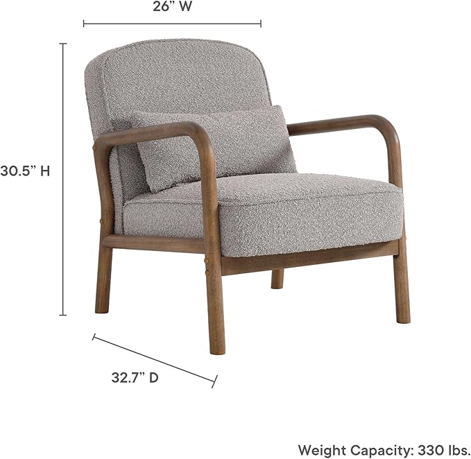 Modway Charlie Boucle Upholstered Wood Accent Armchair in Taupe – Mid-Century Modern Chair with Cushion – Cozy Reading Chair with Solid Wood Frame – Fabric Upholstered Armchair for Living Room