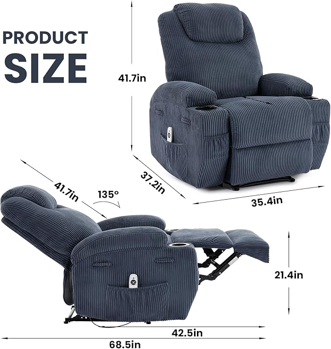 Massage Recliner Chair with Heat for Adults Extra Wide Manual Reclining Chair with 1.5X Thick Sponge Armrests &amp Backrest Lazy Boy Recliner Sofa for Living Room &amp Bedroom Comfort Blue