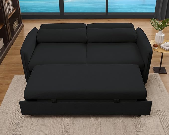 THSUPER 75‘’ Queen Size Sofa Bed Loveseat Sleeper Sofa with Pull Out Bed Convertible Small Sleeper Couch Bed for Living Room/RV/Apartment (Black) | 3 in 1 sofa bed adjustable backrest