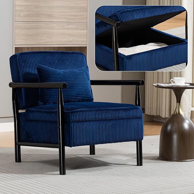 Yoglad Accent Chair with Storage Corduroy Fabric Reading Chair with Wood Frame Mid Century Modern Storage Armchair for Living Room Bedroom Apartment(Antique Blue)