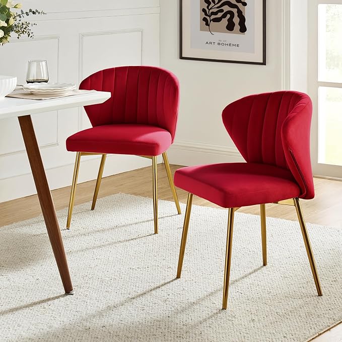 HULALA HOME Dining Chairs Set of 2 Velvet Upholstered Kitchen &amp Dining Room Chairs with Metal Legs Vanity Chair Armless Side Chairs for Living Room Bedroom Restaurant Channel Curved Backrest Red