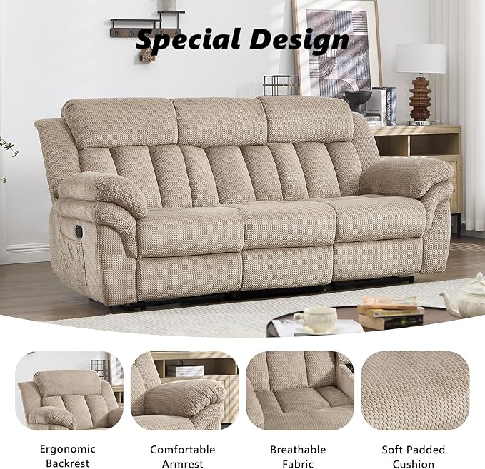 CANMOV Recliner Sofa Set Manual Reclining Sofa with Overstuffed Armrest for Living RoomBedroom FurnitureOffice3 Seat Light Brown