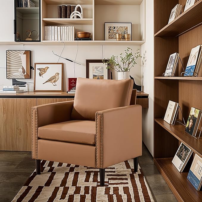 Sepnine Modern Accent Chair Mid-Century Faux Leather Armchair for Living Room Comfy Upholstered Club Chair Sofa Chair with Decorative Rivet Accents for Bedroom Reading Room (Brown 1 Pack)