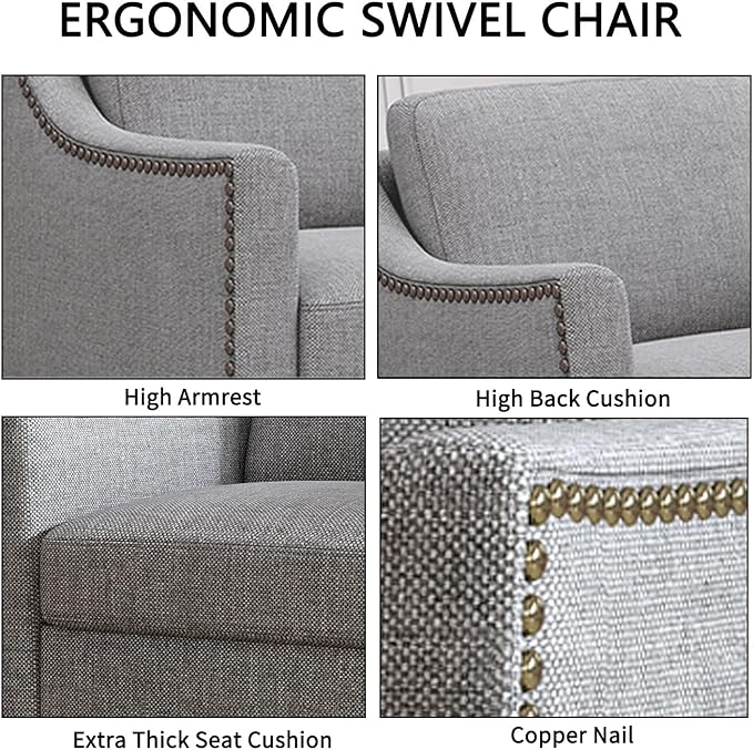Cotton Linen Fabric Upholstered 360° Swivel Accent Chair Armchair with RivetsSquare Club Sofa Arm Chair with Metal Base Barrel Chairs for Bedroom Living Room Office (Light Grey)