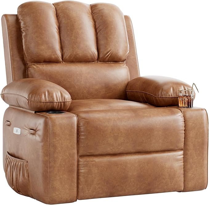 Brown Electric Power Recliner Chair with Heat and Massage Wide 22-Inch Reclining Seat with Built-in Cup Holders Comfortable and Functional Living Room and Nursery Chair