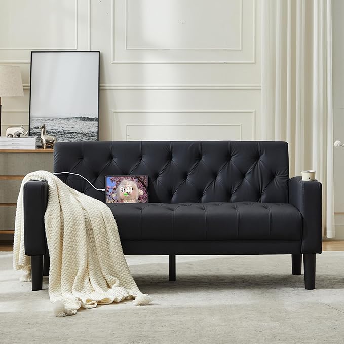 TYBOATLE 62 W Loveseat Sofa w/ 2 USB Charger Ports and 2 Cupholders Mid-Century Modern Tufted Black Leather Small Love Seat Couches for Compact Living Room Office Bedroom Apartment Dorm