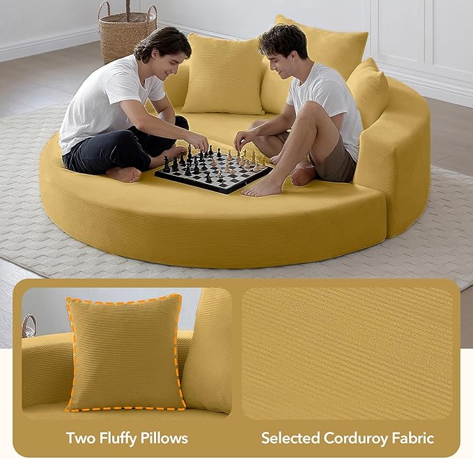 Round Boneless Couch Corduroy Upholstered Folding Convertible Sofa Bed with Pillows 2-in-1 Futon Sofa Bed with Half-Circle Design Comfy Loveseat for Living Room Apartment (Yellow)