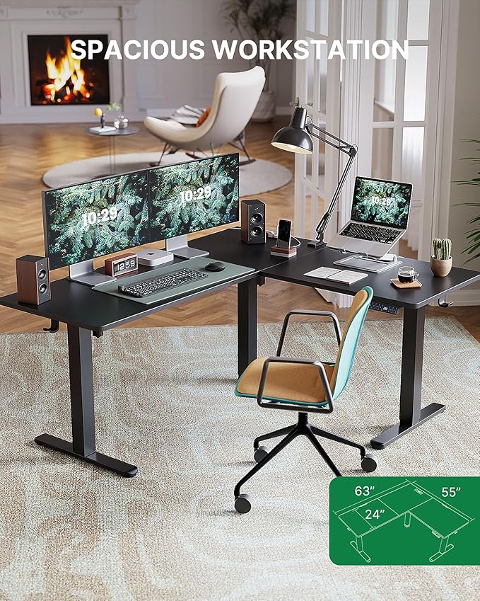 Marsail Standing Desk Adjustable Height with 4-in 1 Electical Outlet L Shaped Electric Standing Desk with Headphone Hook Stand up Desk for Home Office Sturdy Writing Workstation Black