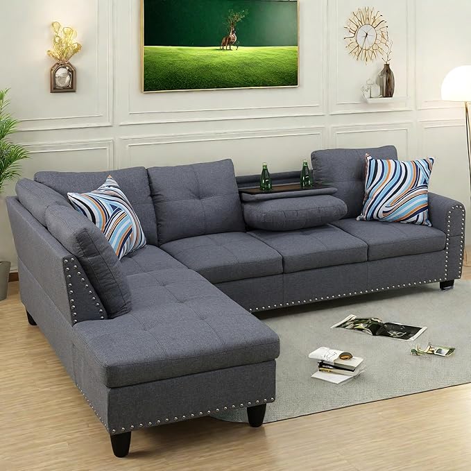 FONTOI L Shaped Sectional Couch Sofa Modern Nail-Head Design Sectional Sofa for Living Room 4 Seat L Couch with Storage Ottoman &amp Cup Holder for Bedroom Apartment Grey