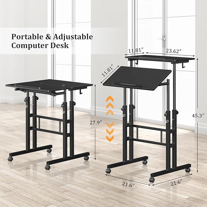 Small Standing Desk with Wheels Mobile Stand Up Desk Portable Standing Table on Wheels for Walking Pad Rolling Computer Desk Adjustable Height Tall Table