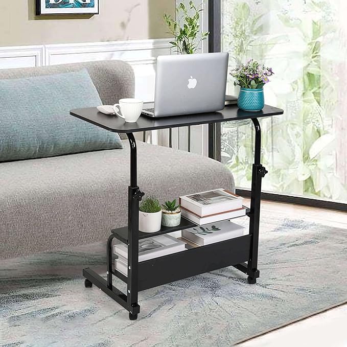 Home Office Desk Movable Bedroom Adjustable Table Modern Small Study Laptop Computer for Living Room Couch Portable Spaces with Wheels Storage Furniture 31.5x15.7 Black
