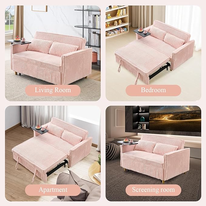 3 in 1 Pull Out CouchCorduroy Upholstered Convertible Sleeper Sofa Bed with Movable Side Table Modern Multifunctional Sofa with USB Port Cushioned Couch for Living Room (Pink)