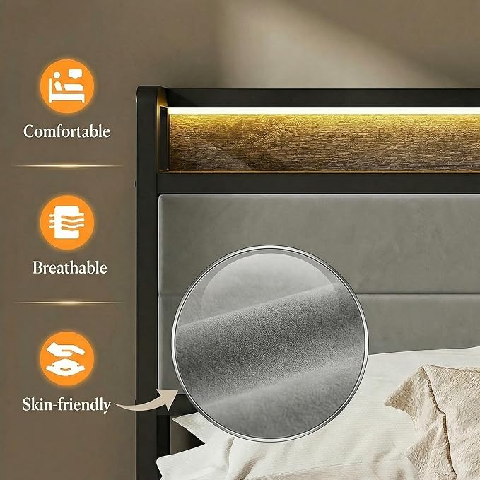 LIKIMIO King Size Bed Frame with Storage Headboard &amp LED Lights Metal Platform Bed with Charging Station Noise Free No Box Spring Needed Under Bed Storage Charcoal Gray