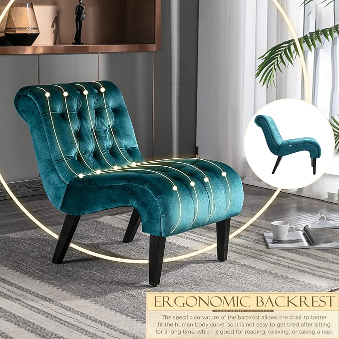 KINFFICT Velvet Accent Lounge Chair for Living Room Modern Leisure Chair with Tufted Backrest Indoor Armless Side Chair Upholstered Bedroom Sleeper Chair with Solid Wood Legs