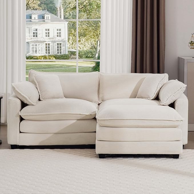 KEIKI 80 L-Shaped Oversized Corduroy Modular Sectional Loveseat Sofa with 1 Ottoman High-Density Foam Cushions Removable Armrests Upholstered 2-Seater Couch with 4 Pillow for Living Room Beige