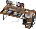 YOSHOOT 60 Computer Desk with 5 Fabric Drawers - Gaming Desk with Storage and Power Outlets Home Office Desk for Adults and Teenagers Working Writing Study Rustic Brown