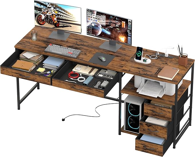 YOSHOOT 60 Computer Desk with 5 Fabric Drawers - Gaming Desk with Storage and Power Outlets Home Office Desk for Adults and Teenagers Working Writing Study Rustic Brown