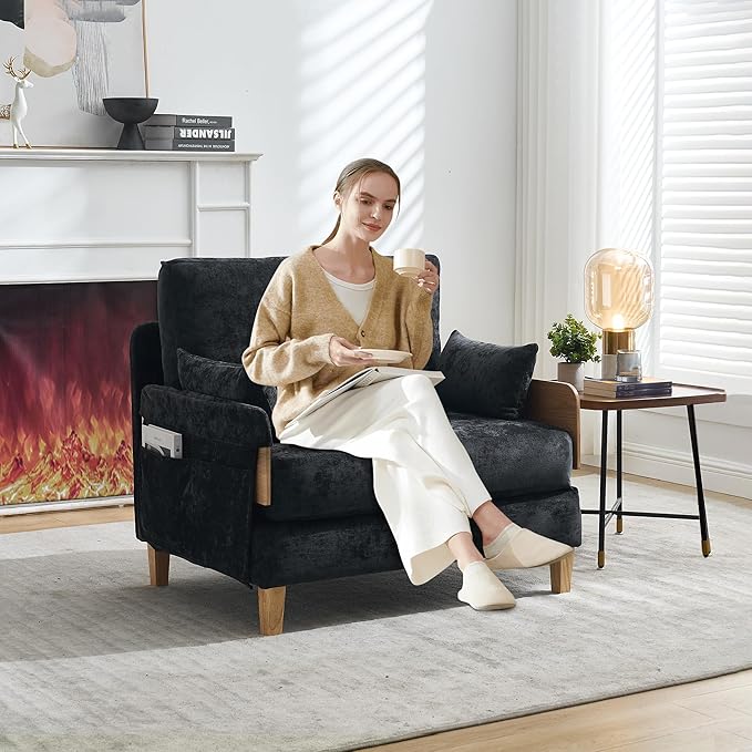 SLEERWAY Large 3 in 1 Convertible Futon Sofa Bed Chair 35 W Extra Wide Sleeper Chair Bed with Pull Out Couch Modern Chenille Chaise Lounge Armchair for Living Room Bedroom Playroom Black