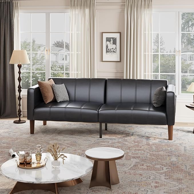GarveeHome Futon Sofa Bed 75-Inch Modern Faux Leather Convertible Couch Mid-Century Loveseat for Small Space Living Room Bedroom Black