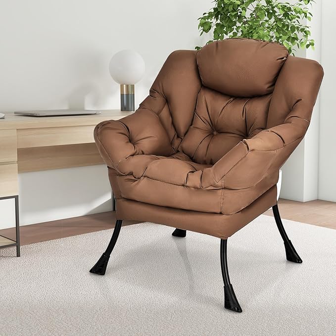 GORELAX Modern Lazy ChairUpholstered Lounge Accent Chair Single Leisure Sofa Chair with Armrests &amp Side Pocket Comfy Reading Chair for Bedroom Living Room Dorm Room (Brown)