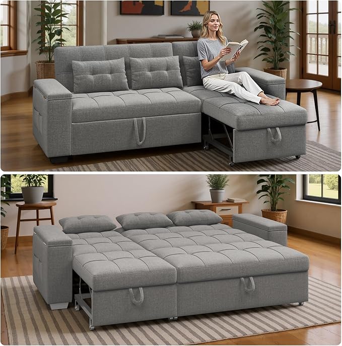 Ahomly 87 Convertible Sofa Bed – Space-Saving Sleeper with Pull-Out Design Adjustable Backrest Wide Armrests with Storage Plush Cushions Cozy for Small Spaces (Light Grey)