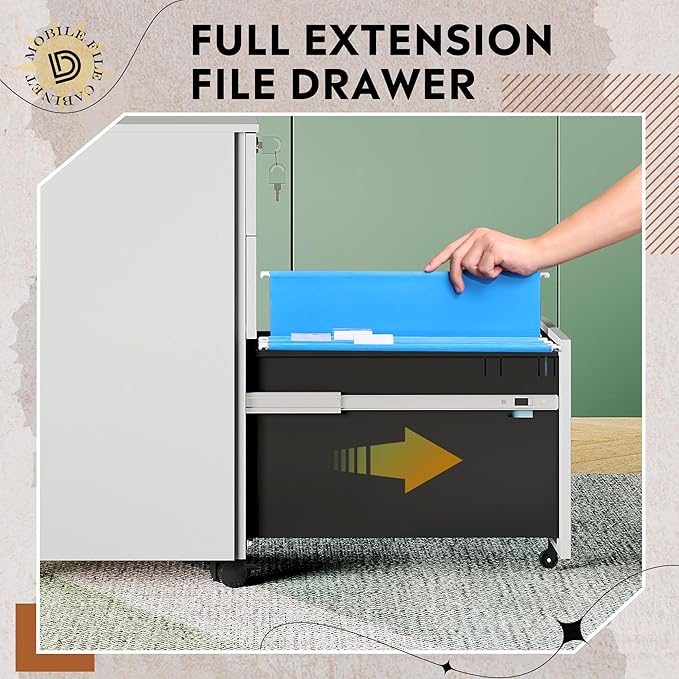 DEVAISE 3 Drawer Vertical File Cabinet with Lock Under Desk Mobile Metal Filing Cabinet for Home Office Fit Legal/Letter/A4 File Fully Assembled Except Wheels White