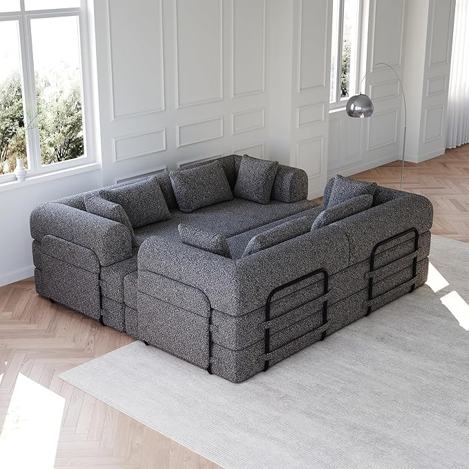 Convertible Floor Sofa Bed 79 Compression Sofa Foldable Sleeper Couch Bed Modular Sectional Comfy Loveseat 4-Seater No Assembly Required for Living Room Guest Room Chenille Fabric Grey