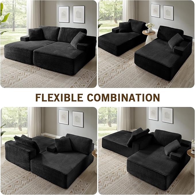 89.3” Oversized Double Chaise Lounge Indoor Black Corduroy Chaise Lounge Chair Upholstered Sleeper Sofa Bed Deep Seat Sleeper Loveseat Reading Chairs Boneless Cloud Couch for Living Room Bedroom