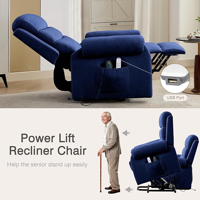 Power Lift Recliner Chair Recliners for Elderly with Heat and Massage Recliner Chair for Living Room with Infinite Position and Side Pocket USB Charge Port (Dark Blue)