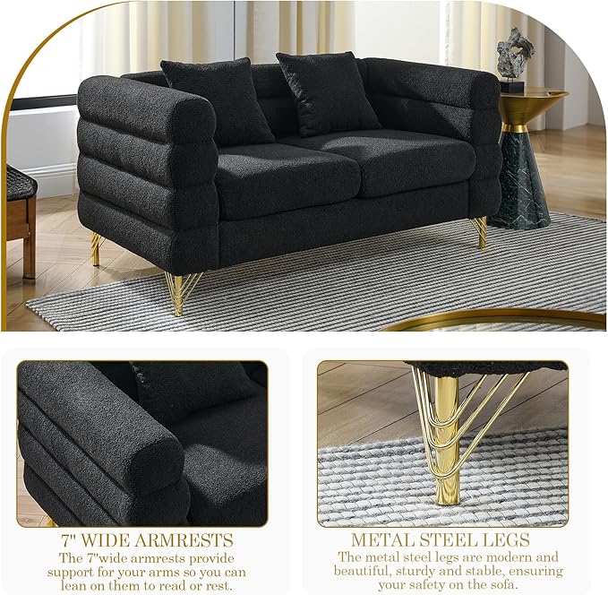Modern Sofa Couch 81 W Teddy Bouclé Oversized Loveseat Cloud Sofa Upholstered Tufted Comfy Deep Seat Couch with Gold Legs &amp Pillows for Living Room Bedroom Office Apartment((3 Seater Black)