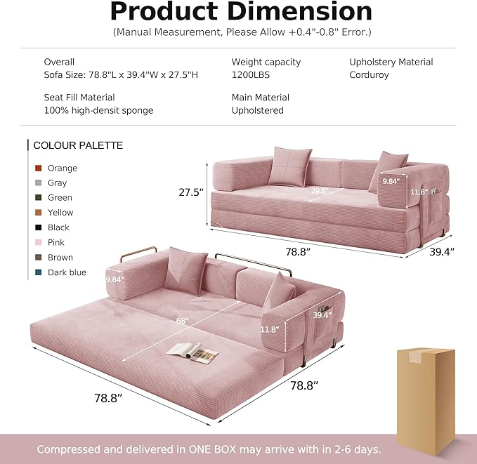 MoonSpeak 78.8''Sleeper Couch Bed for LivingroomConvertible Modular Sofa with Armrest PillowModular Foldable Corduroy Couches in a BoxNo Assembly (Pink)