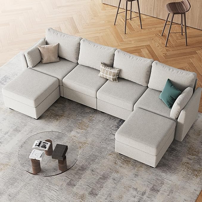 114.17 Modular Sectional Sofa 6 Seat Sectional Couches with Storage Memory Foam Convertible Modular Couch for Living Room U Shaped Comfy Modular Sofa with Chaise Light Grey