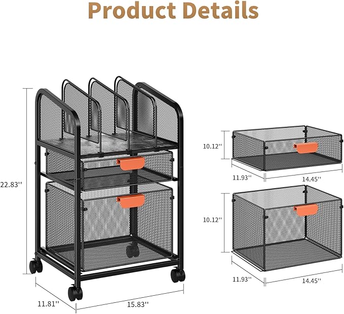Marbrasse Rolling File Cart with Adjustable Dividers Mobile File Cabinet on Lockable Wheels Office Filing Cabinet Organizer Hanging File Folder Organizer for Home Office - Black