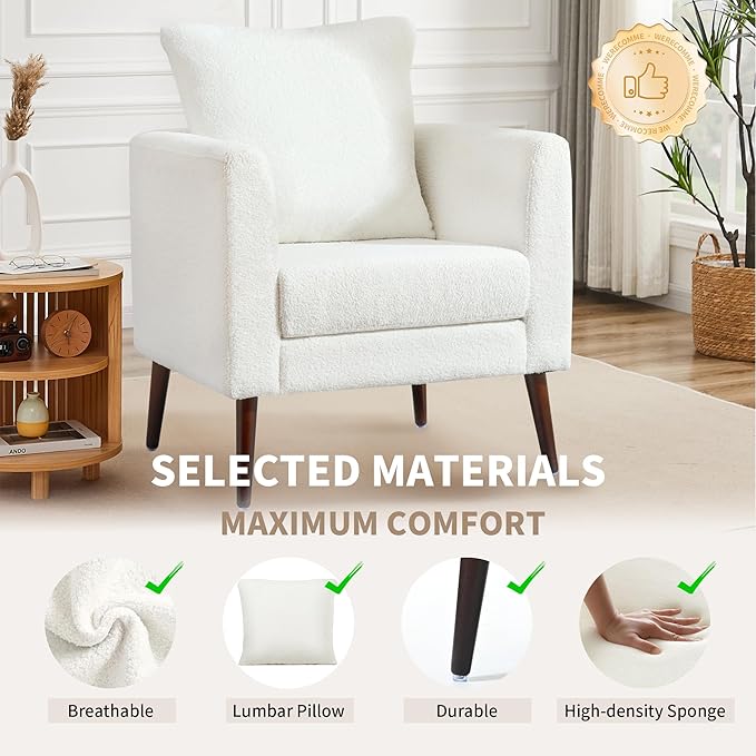 Comfy Accent Chair for Living Room Modern Fabric Upholstered Armchair with Solid Wood Legs Supportive Back Cushions and Easy Assembly White