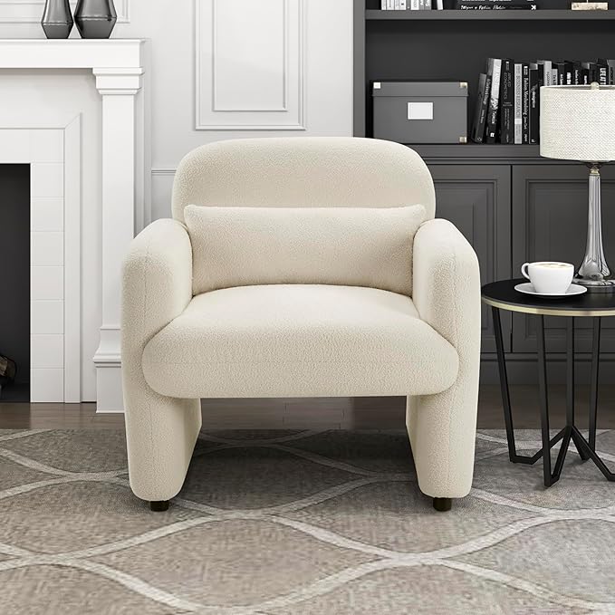Lexicon Modern Accent Single Sofa Chair with Square Armrest Boucle Fabric Upholstered Comfy Reading Chair with Lumbar Pillow for Bedroom/Living Room/Office Beige