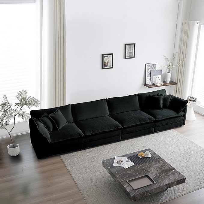 146.5 Upholstered Sofa Couch Modern Minimalist Style Modular Sofa Couch with Pillows Mid-Century Modern Couch 4-Seater Sofa for Living RoomBlack