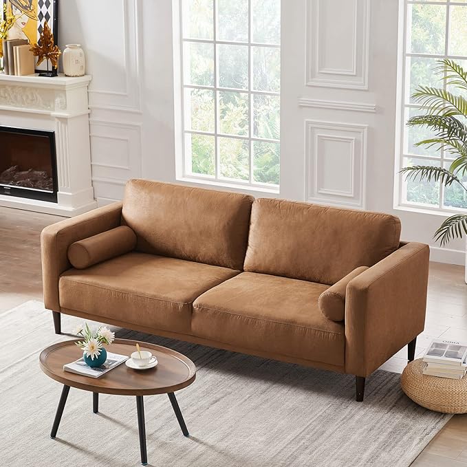 HIFIT 79 Sofa Couches for Living Room Mid-Century Modern Decor Faux Leather Couch with Deep Seat&ampCloud Cushions&amp2 Pillow 3 Seater Home Sofa Living Room Brown Loveseat for Office Bedroom Ap